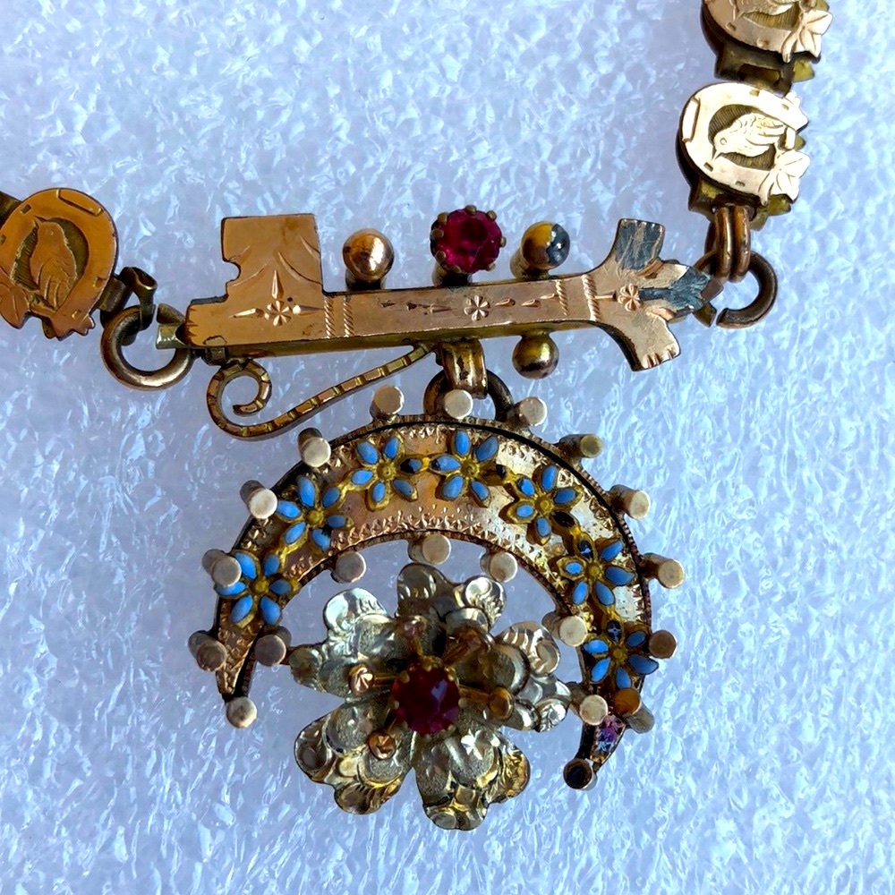 Antique Victorian book chain crescent moon Forget me not flower birds necklace - Picture 3 of 8